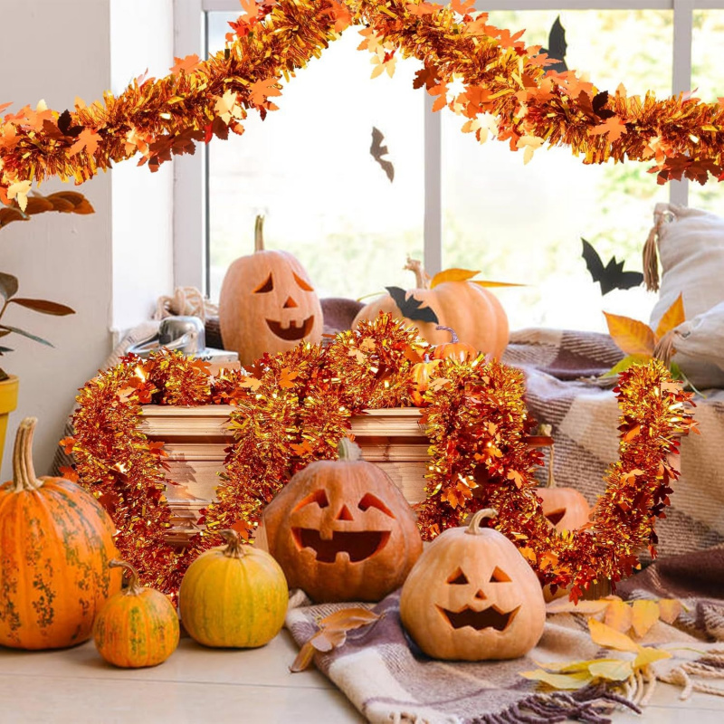 Tinsel Garland Decoration - พวงมาลัยใบเมเปิ้ลสีส้ม 2 ชิ้น สำหรับตกแต่งวันขอบคุณพระเจ้า ฤดูใบไม้ร่วง ตกแต่งบ้าน