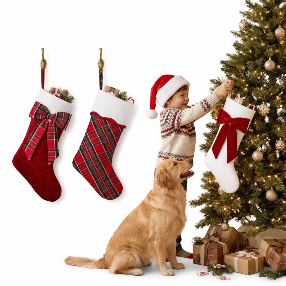 Christmas Stocking Hanging - ถุงเท้าคริสต์มาสลายสก็อตพร้อมโบว์ ถุงใส่ขนมคริสต์มาสกำมะหยี่บุนวม ตกแต่งโบว์ ห่วงแขวน ของตกแต่งแขวนเตาผิง