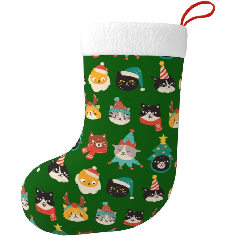 Christmas Stocking Hanging - ถุงน่องคริสต์มาสสีเขียวลายแมวน่ารัก ของตกแต่งแขวนถุงเท้าสำหรับตกแต่งเตาผิง สำหรับครอบครัว งานปาร์ตี้ต้นคริสต์มาส ของขวัญเทศกาลวันหยุด